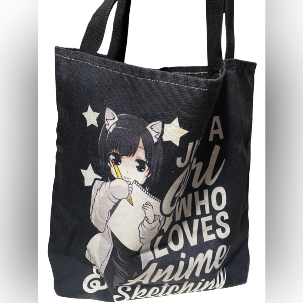 Just A Girl Who Loves Anime & Sketching Black Tote  Sketchbook Shoulder Bag 15"